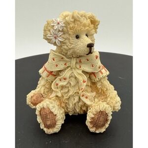 Vintage Resin Teddy Bear Figurine Cream Plaid Bow Flower Detail Collectible